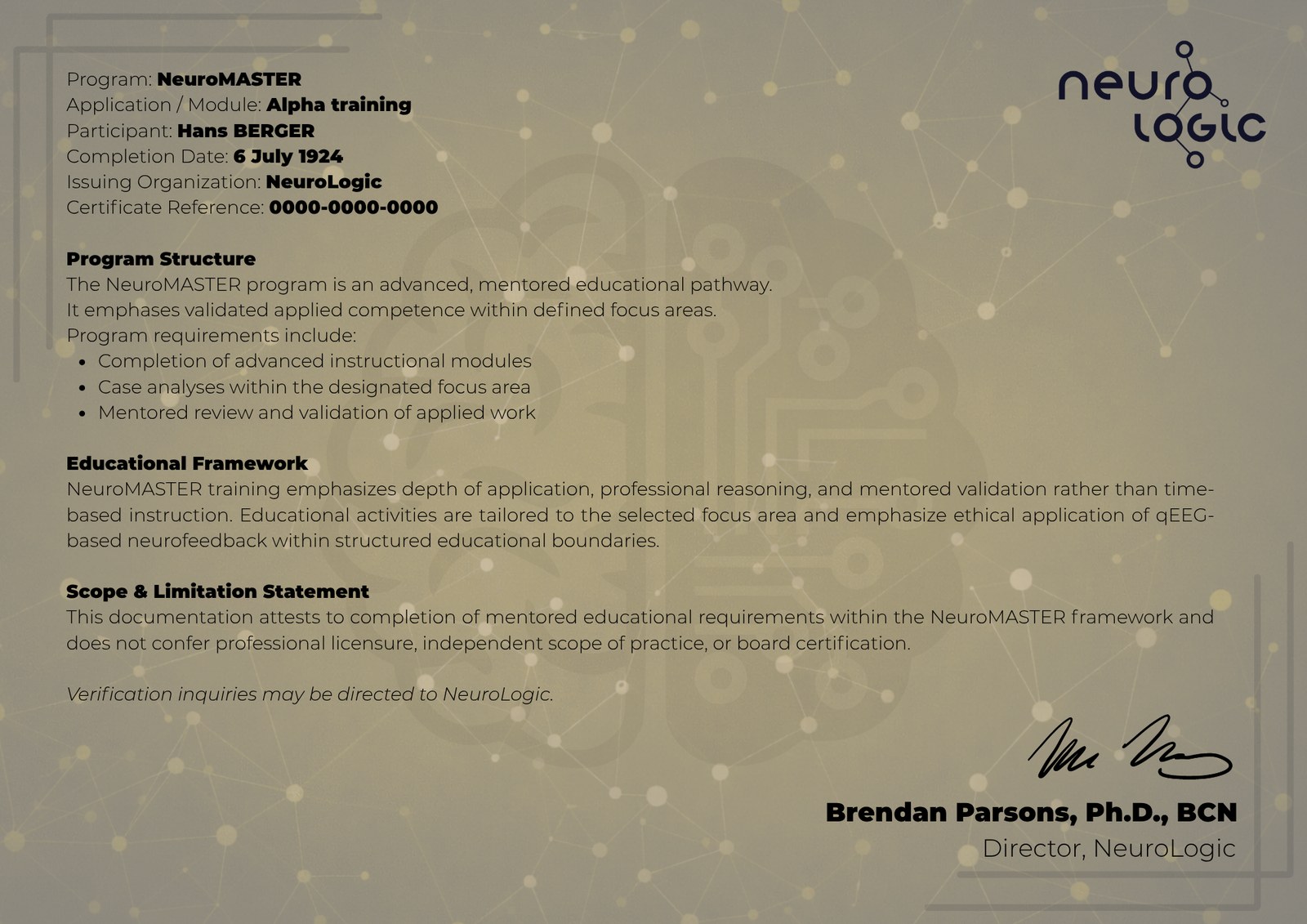 Attestation NeuroMASTER — verso