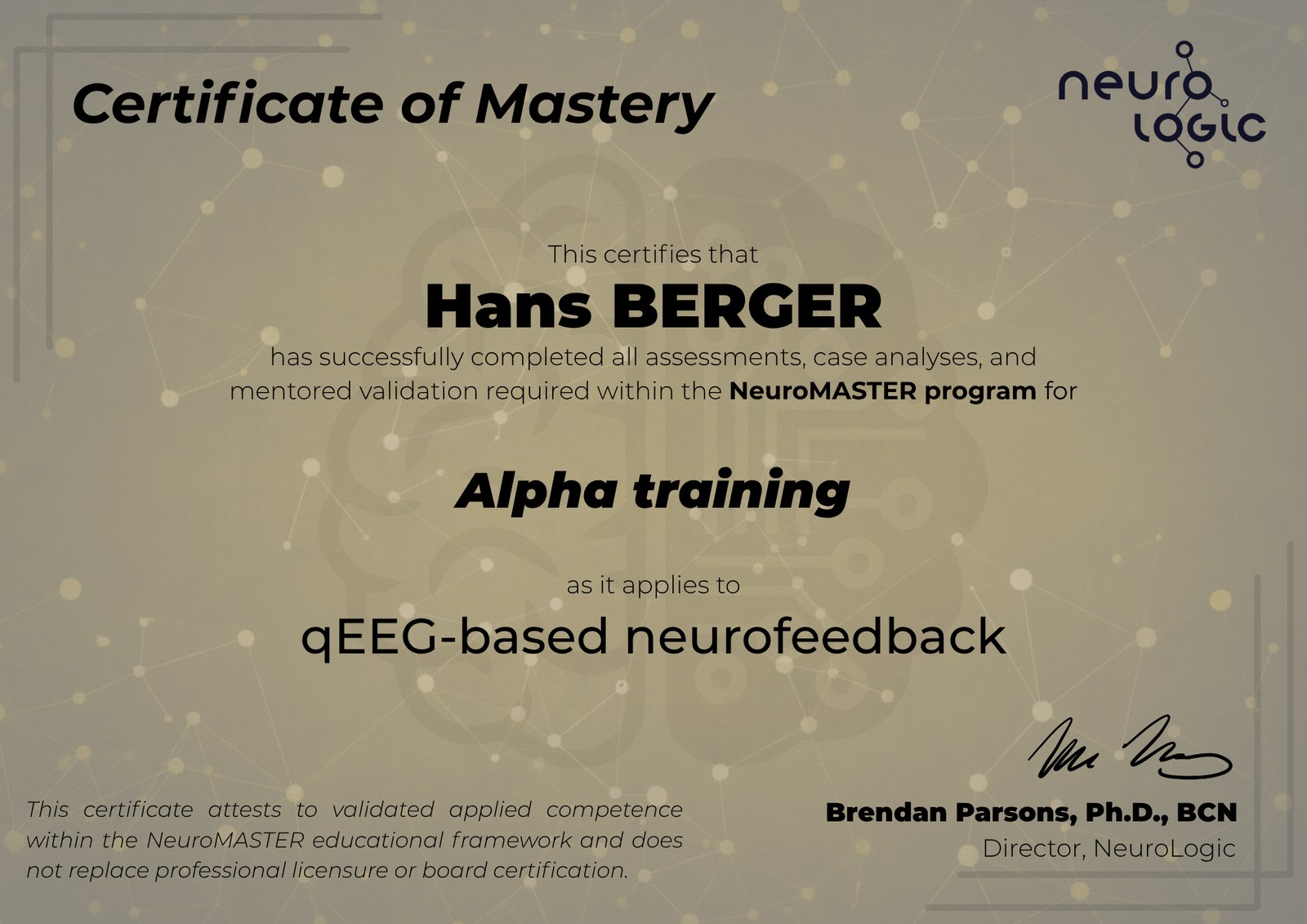 Attestation NeuroMASTER — recto